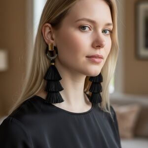 Elegant Black and Gold Tassel Earrings